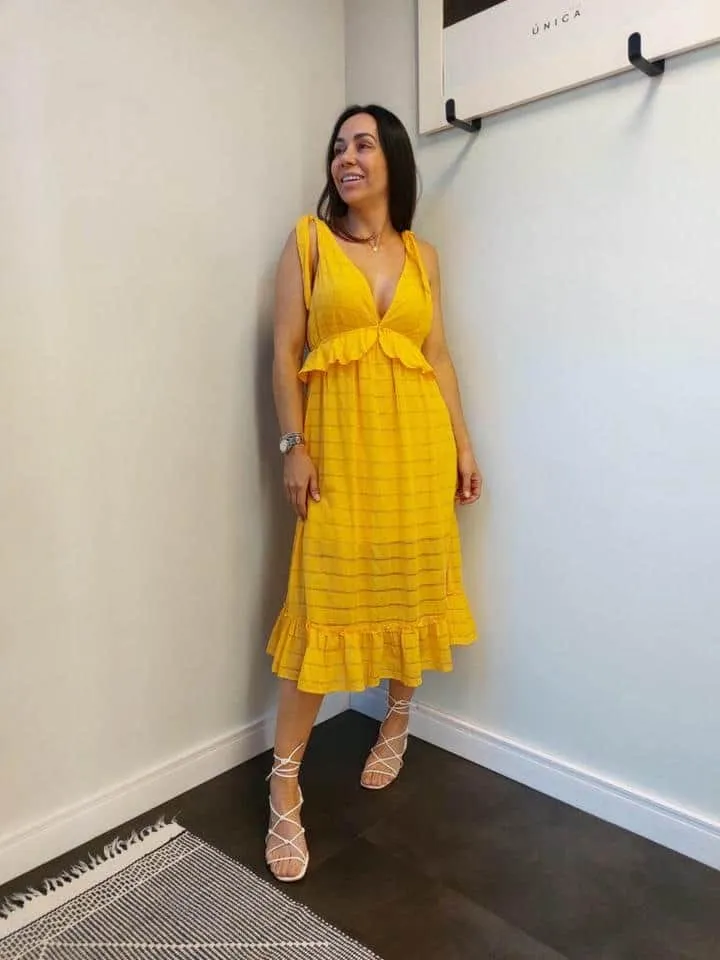 Vestido Midi De Voil Stripe Com Babado
