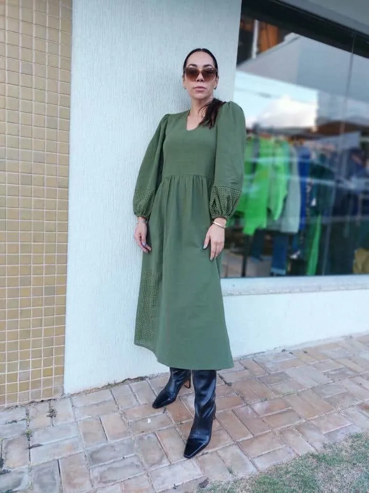 Vestido Midi Algodao Enrrugado Com Laise