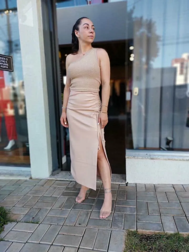 Saia Like Leather Midi Com Franzido