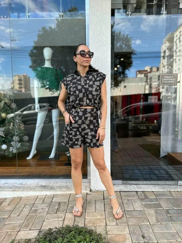 Short Tricoline Est Quadriculado Preto