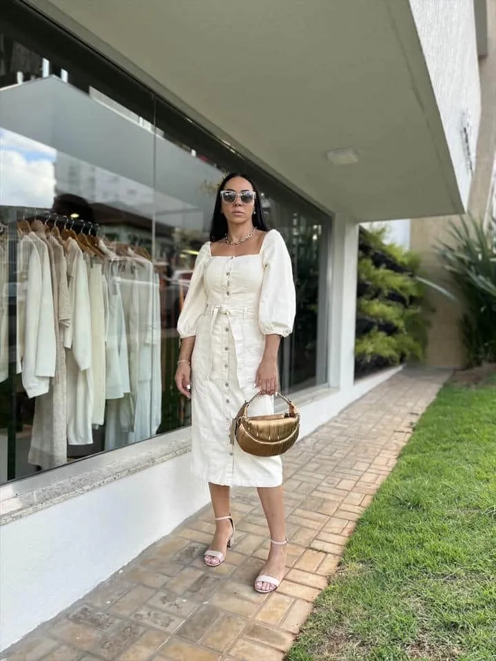 Vestido Sarja Botoes Com Faixa