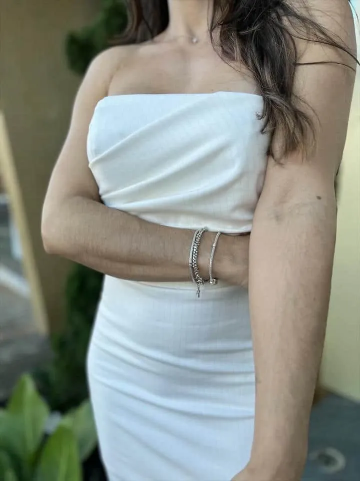 Vestido Listras Metalizadas Off/prata - Imagem 3