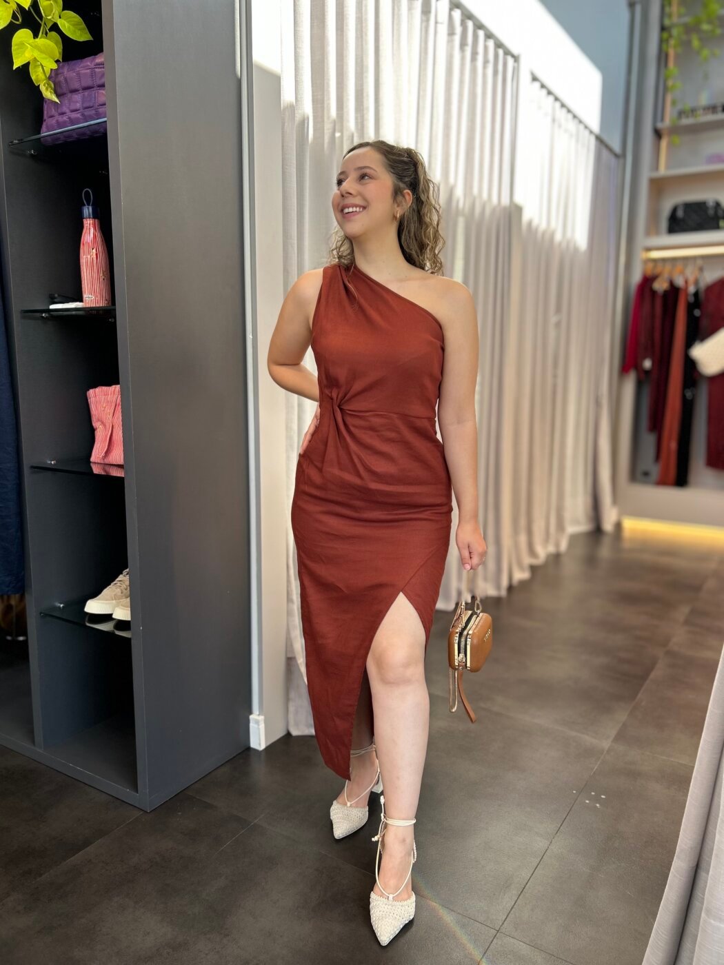 Vestido Linho Marrom Ombro só