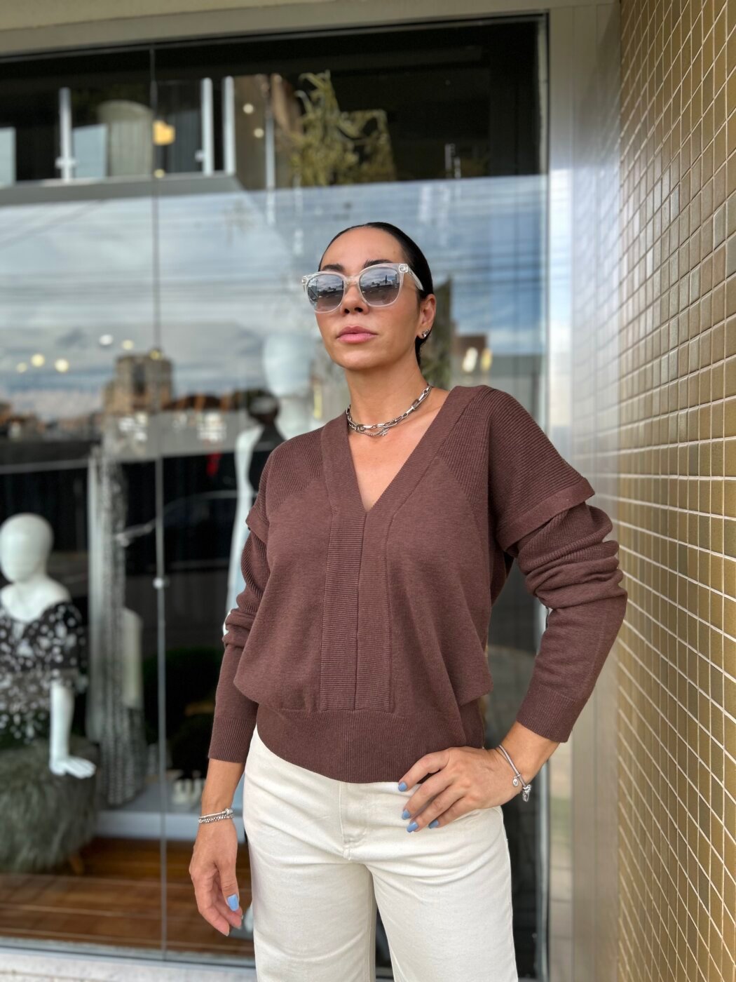 Blusa De Tricot Com Manga Sobreposta