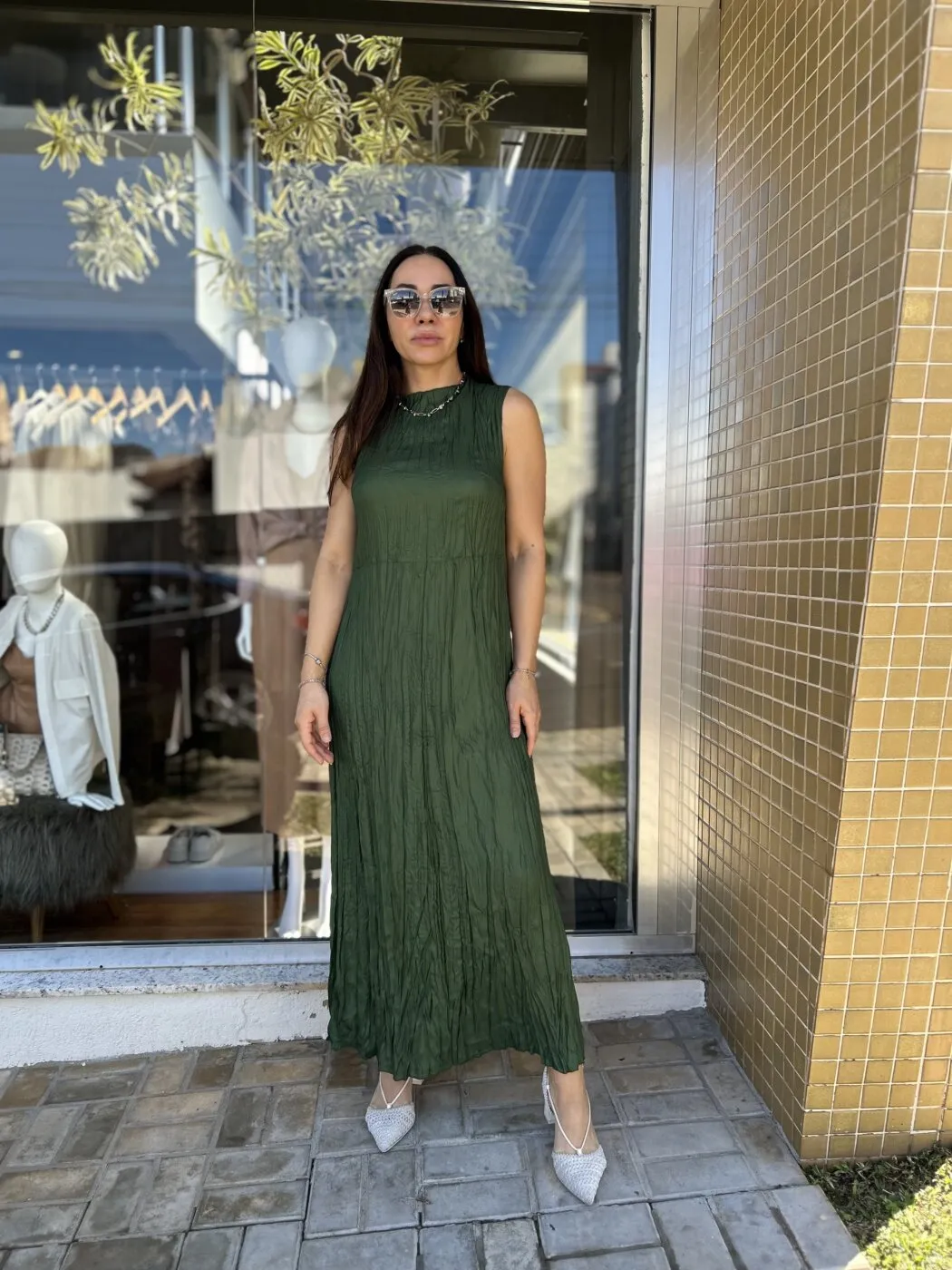 Vestido Sleeveless Wrinkle Verde